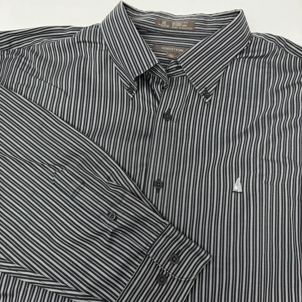 Nordstrom Shirt Mens 2XL Black White Stripe Classic Fit Non Iron Button Down - Picture 2 of 8